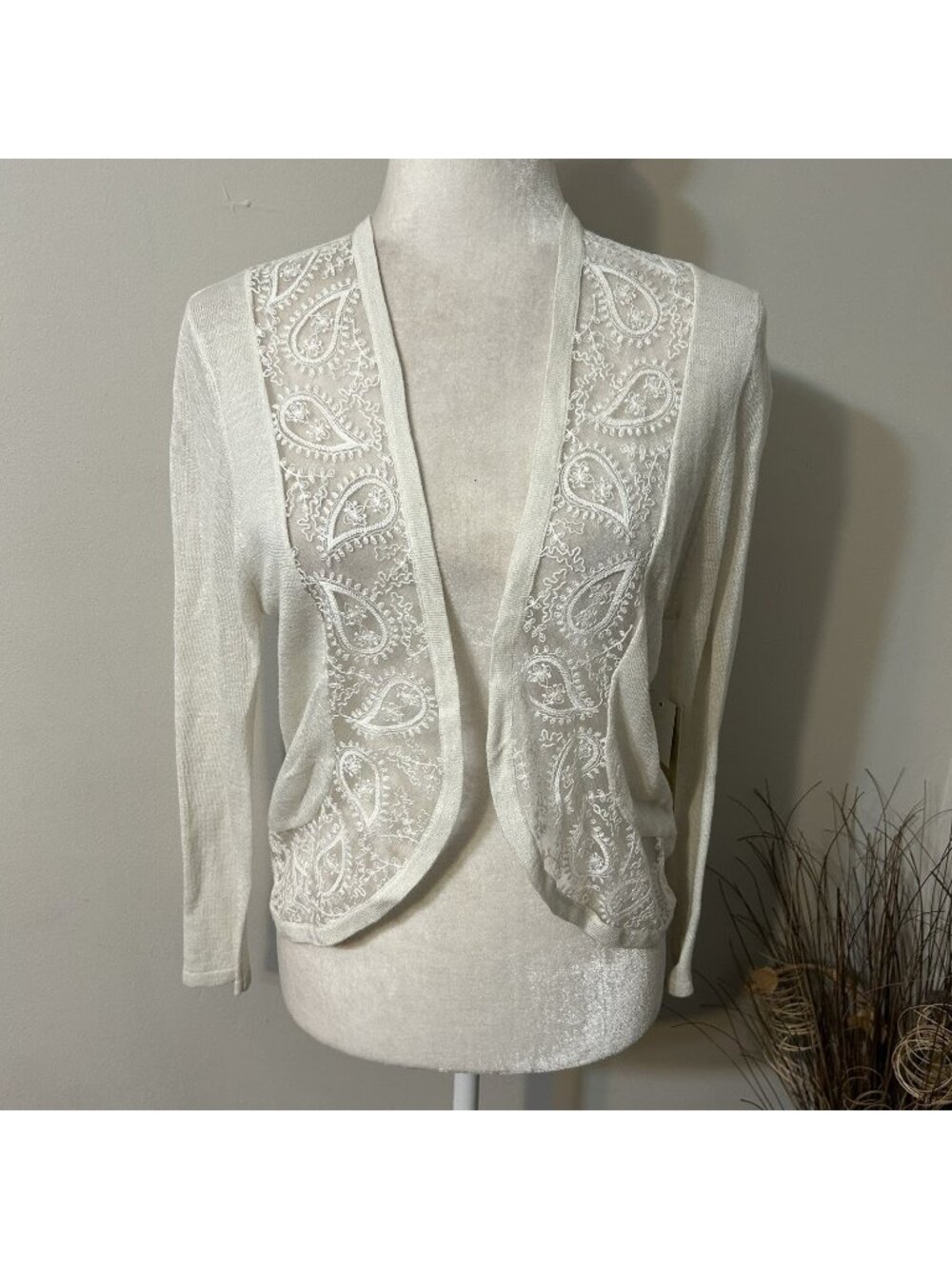 NWT Reba Women Knit Cardigan Cream Lace Embroidered Linen Blend Open Front M